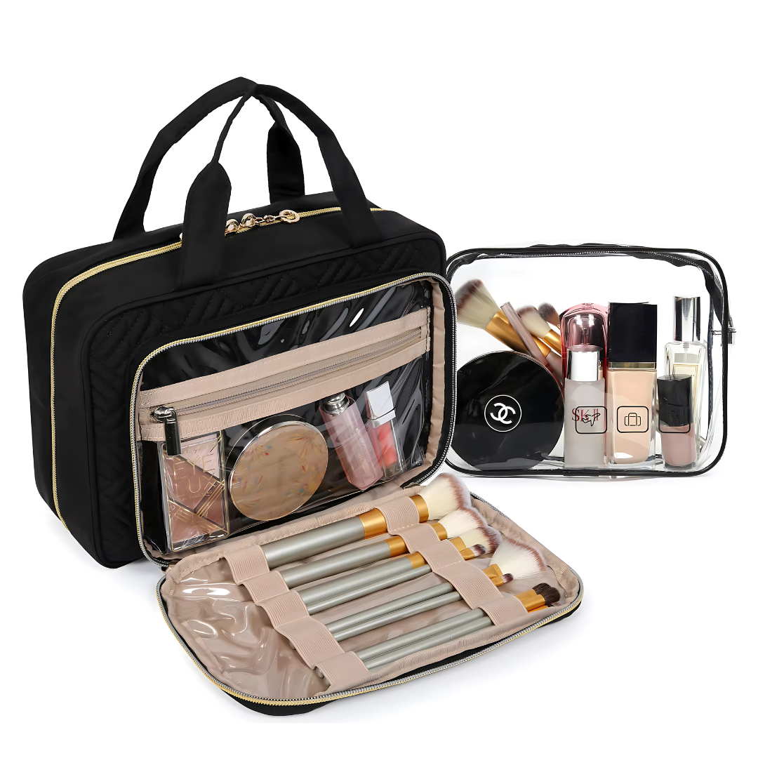 From makeup brushes and skincare to toiletries, everything has its place. Elastic straps inside the bag secure your products, preventing spills or mix-ups during transit.