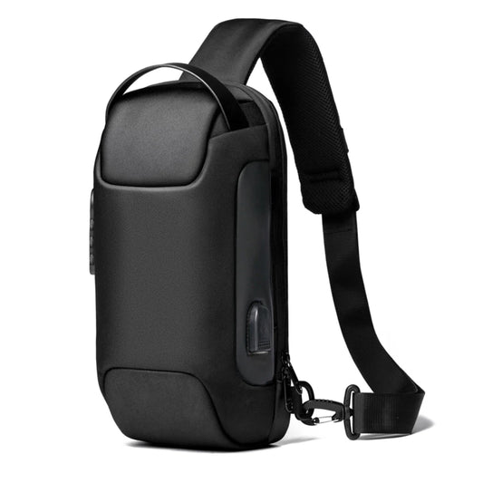 This is a black anti-theft crossbody bag with USB port for travel and daily use.