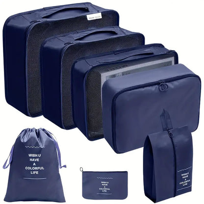 This 7-piece set includes a variety of sizes and types of organizers tailored to accommodate different items, such as clothing, shoes, and personal accessories.