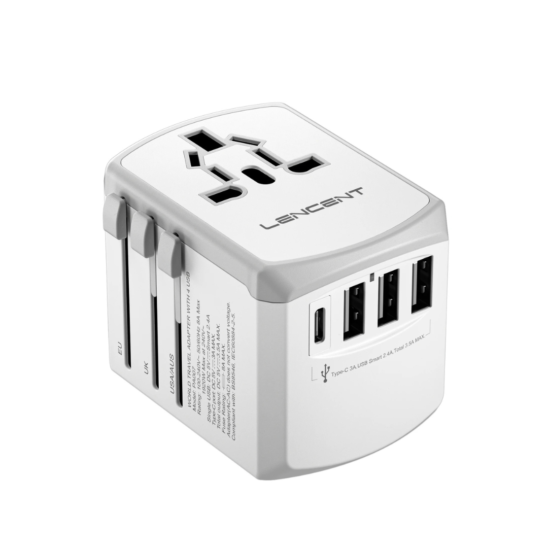 Universal Compatibility, Works in over 200 countries with US, UK, EU, and AUS plugs.