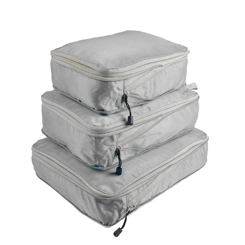 The Waterproof Compression Packing Cubes features a space-saving compression design that significantly reduces the volume of packed items. 